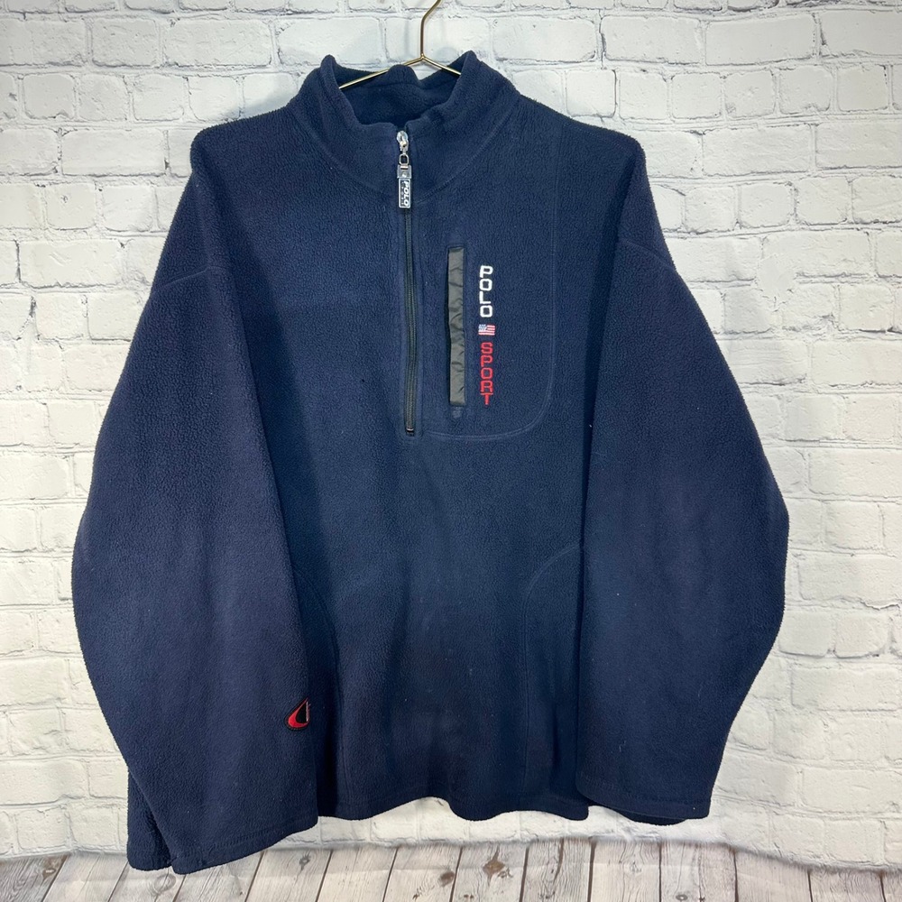 Vintage Polo Sport Ralph Lauren Navy Blue Fleece Quarter Zip Pullover XXL READ